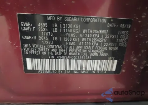 2019 Subaru Outback 2.5I Premium z USA, uszkodzony, nr VIN 4S4BSAFC0K3361056